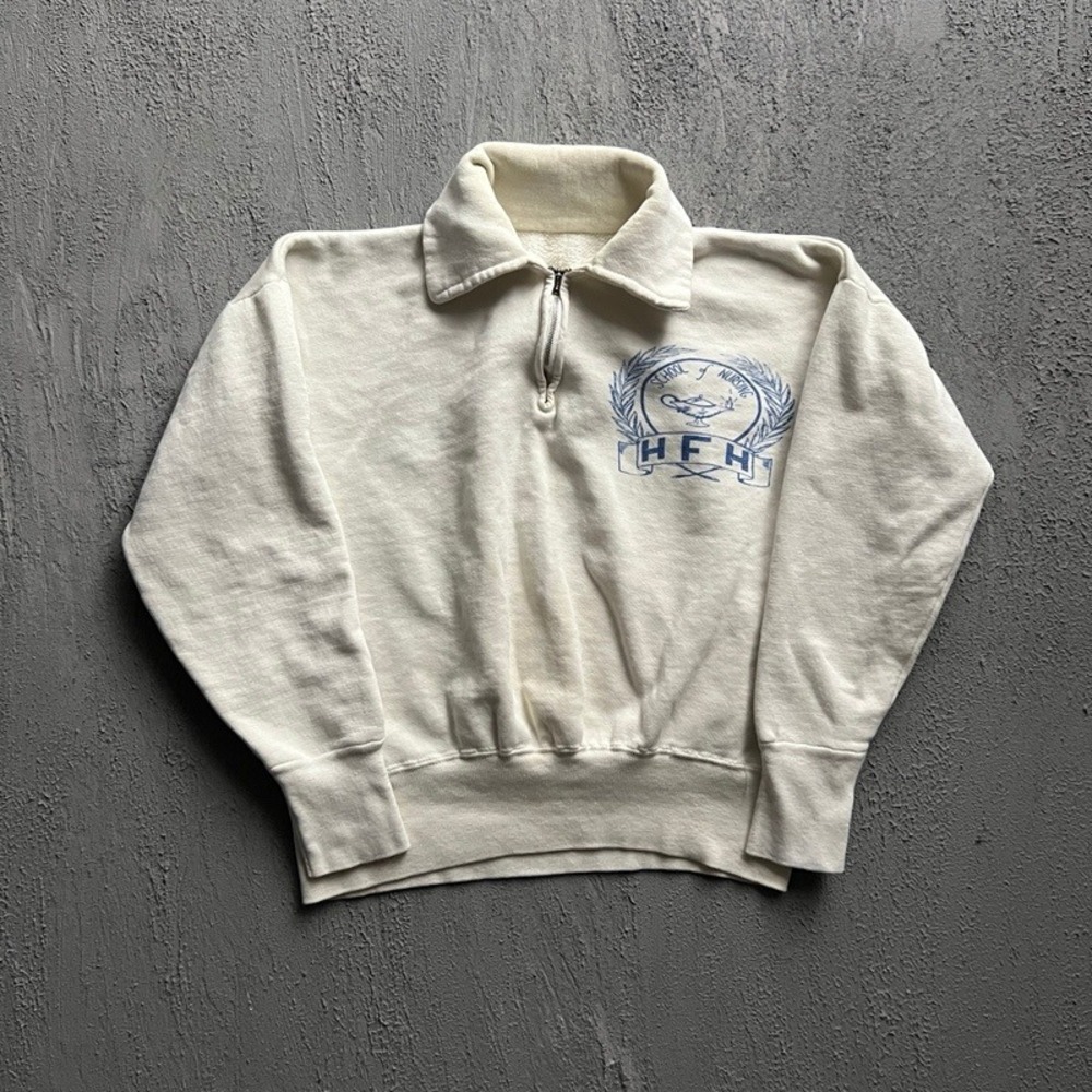 Vintage School of Nursing 1/4 Zip Sweatshirt Small White 1960s USA HFH